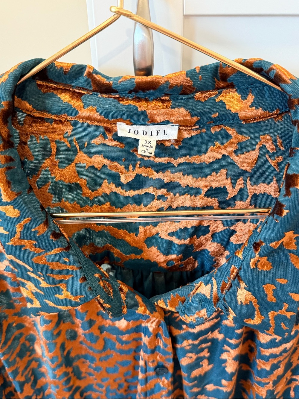 JODIFL Teal & Rust Animal Print Button-Up Blouse - Picture 3 of 6